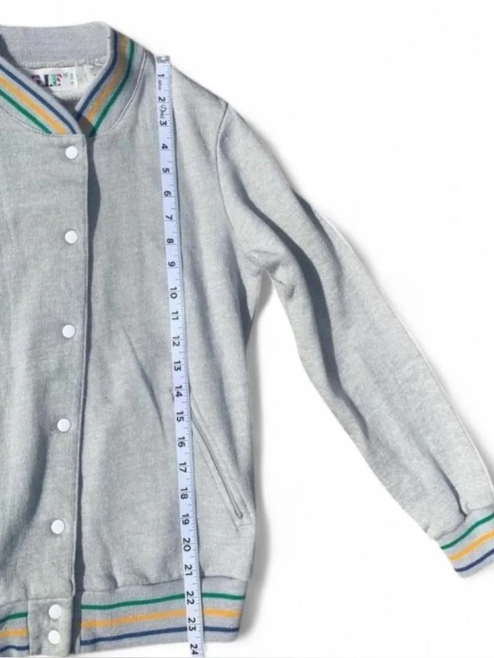 Preppy Vintage Varsity Jacket Heather Gray with Green, Yellow, and Blue Stripes